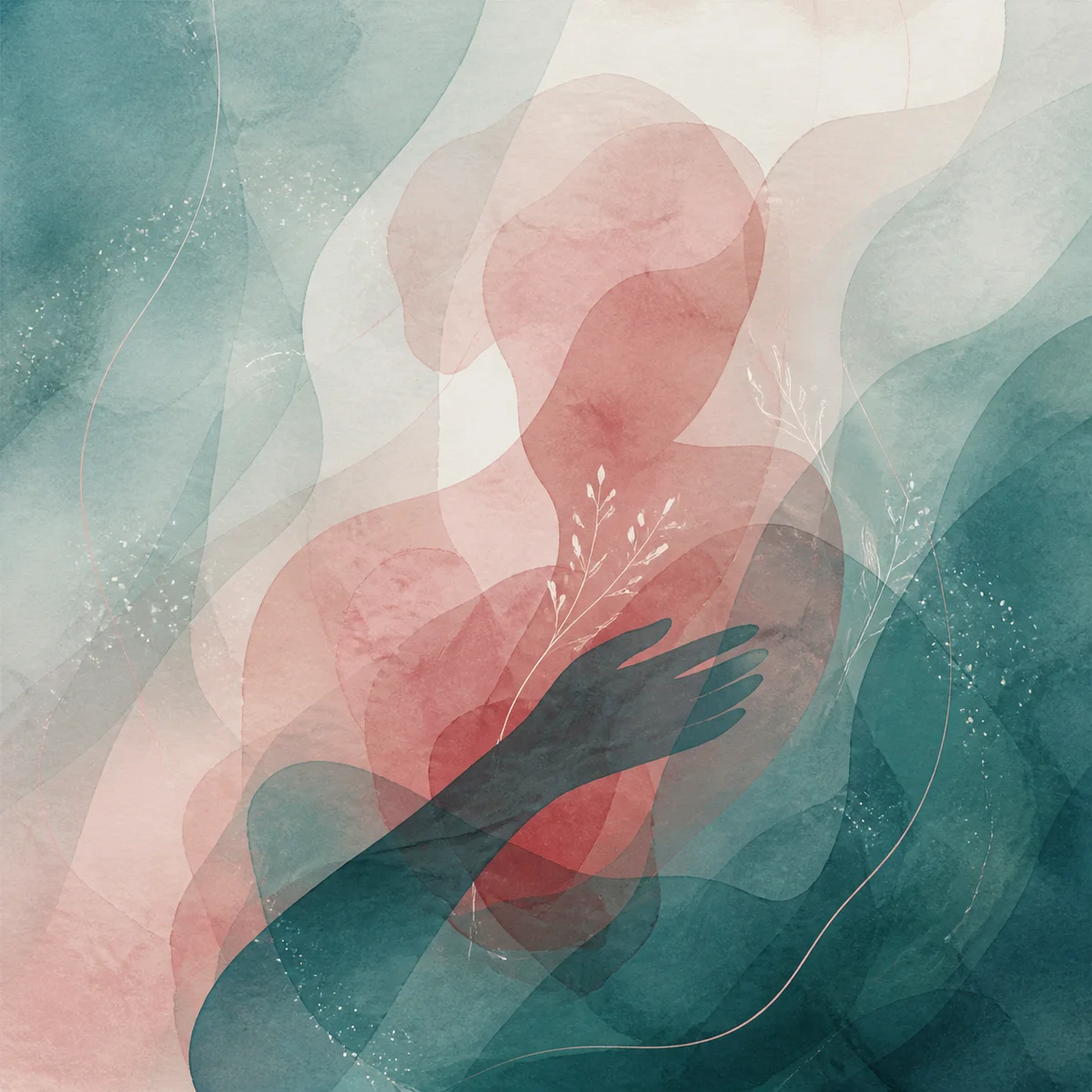 Layered translucent abstract shapes representing emotional vulnerability in opening a relationship