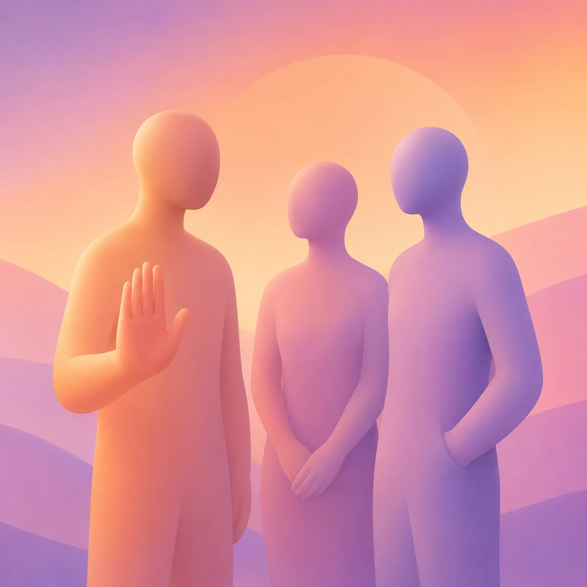 Soft gradient illustration of three abstract figures with one raising a hand in a pause gesture, warm sunset tones