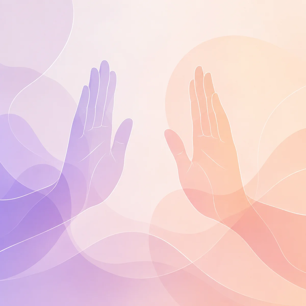 Gradient illustration of two abstract hands making a gentle stop gesture, soft lavender and peach tones