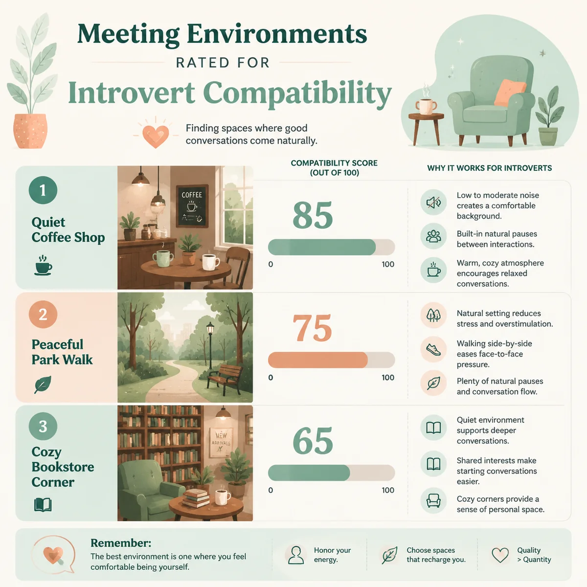 Infographic showing introvert-friendly dating approaches like quiet coffee meetings and detailed profiles