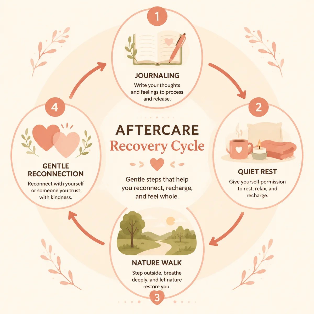 Infographic depicting introvert aftercare practices like journaling, quiet time, and low-stimulation reconnection