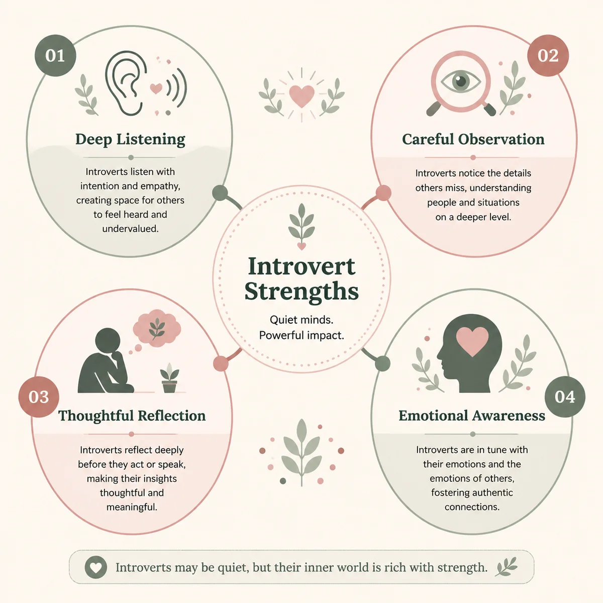 Infographic illustrating introvert strengths in ENM including deep listening, observation, and thoughtful communication