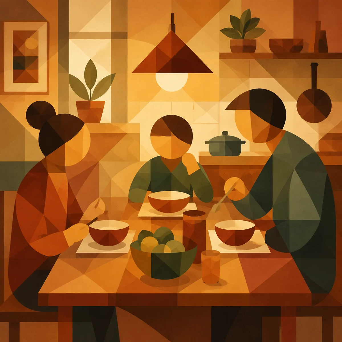 Geometric kitchen table scene with three place settings in warm amber and terracotta polygons