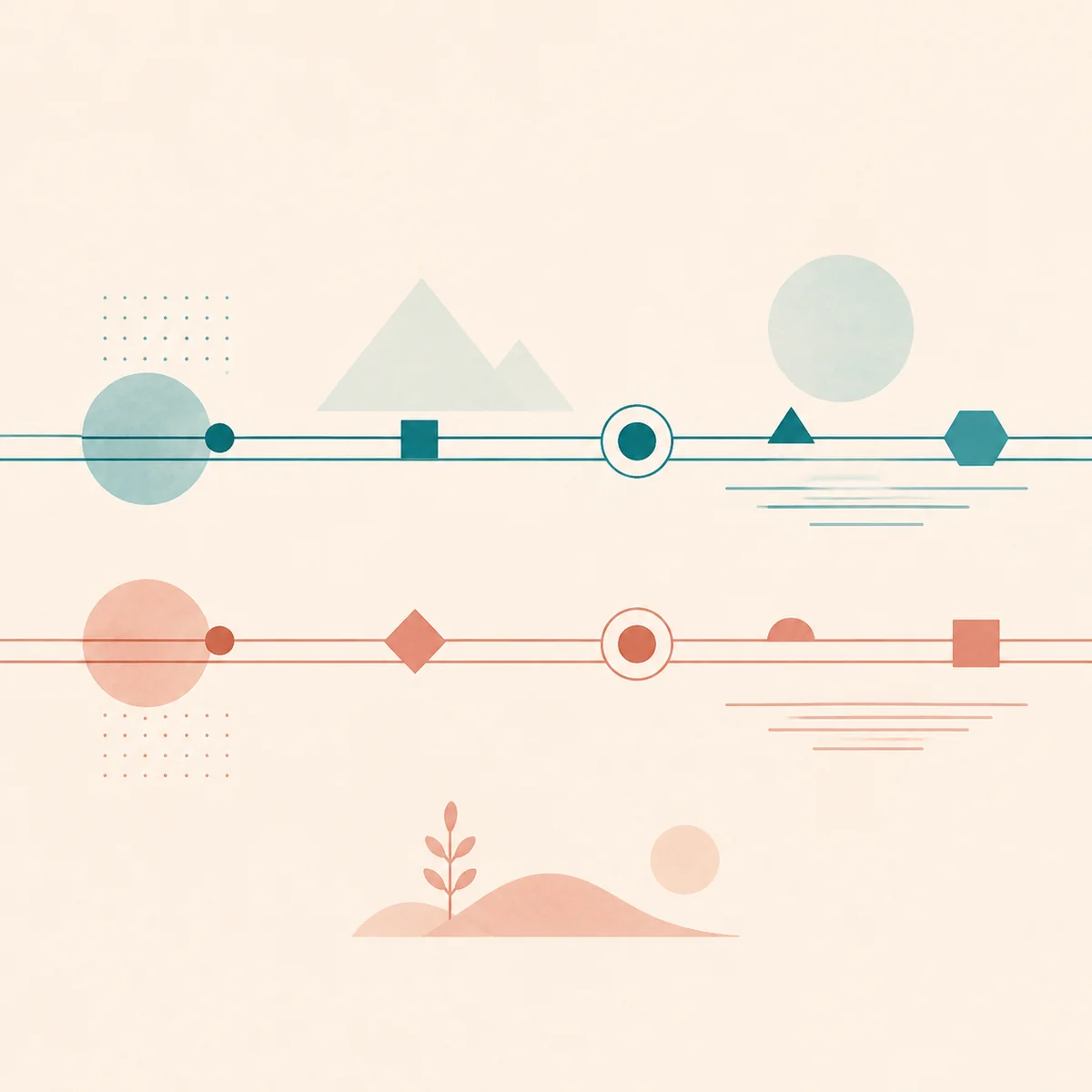 Parallel geometric pathways in soft teal and dusty rose, each path with its own geometric nodes