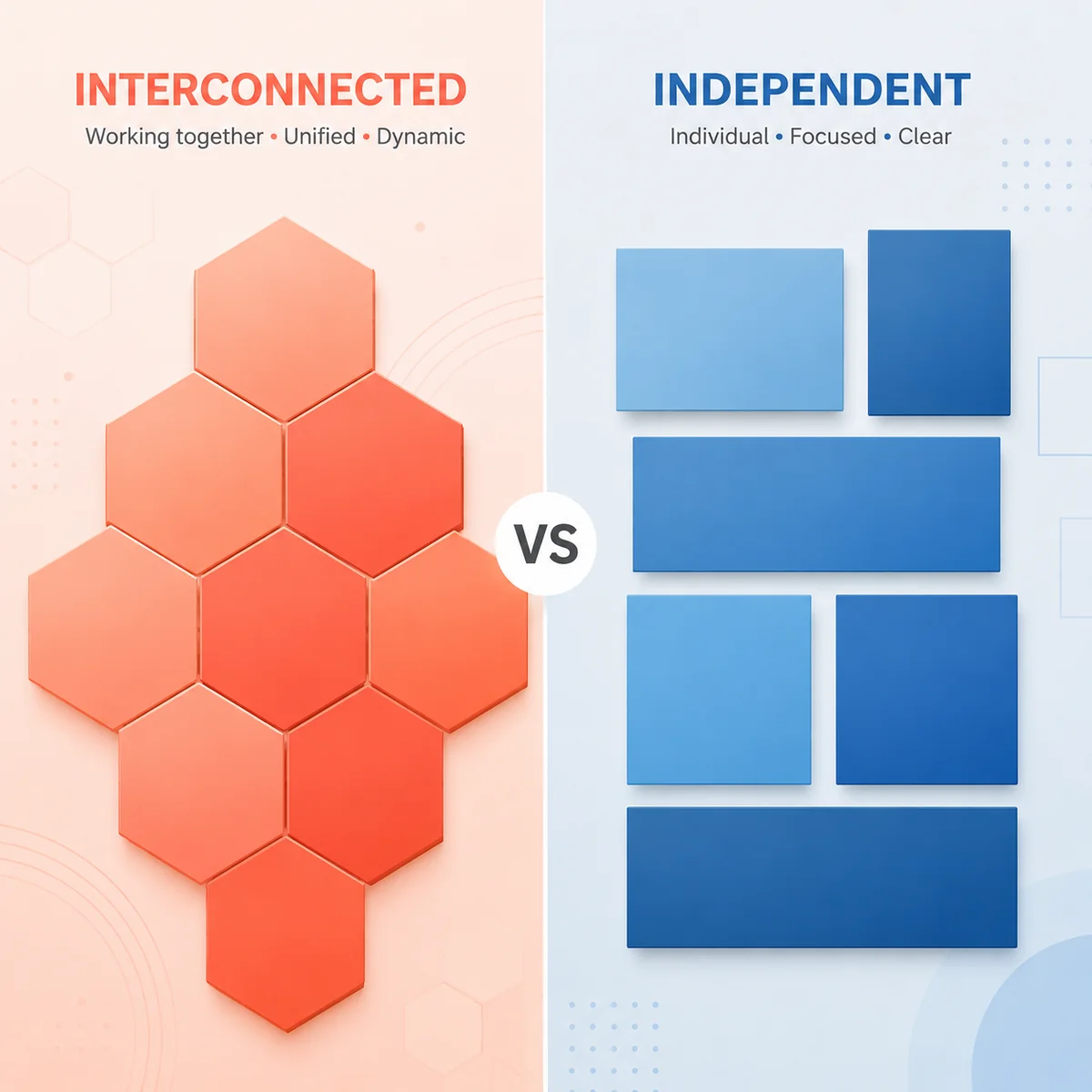 Split composition: interconnected hexagons in warm coral vs separate rectangles in cool blue