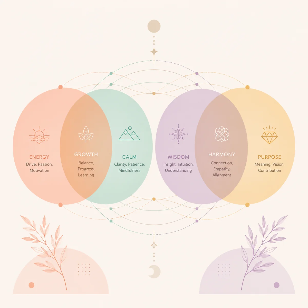 Two overlapping Venn diagrams in peach, mint, lilac, and gold with connecting lines
