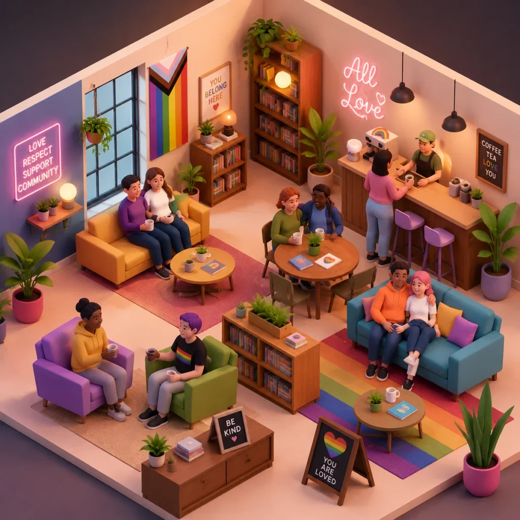 Isometric illustration of diverse couples in a warm community space, representing LGBTQ+ relationship diversity