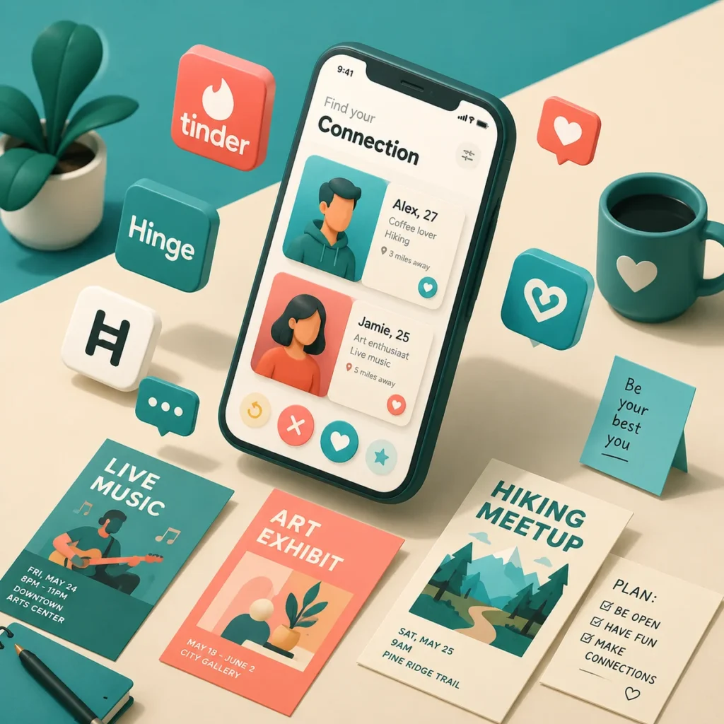 Isometric illustration of a phone with dating app icons and community event flyers, showing multiple ways to connect