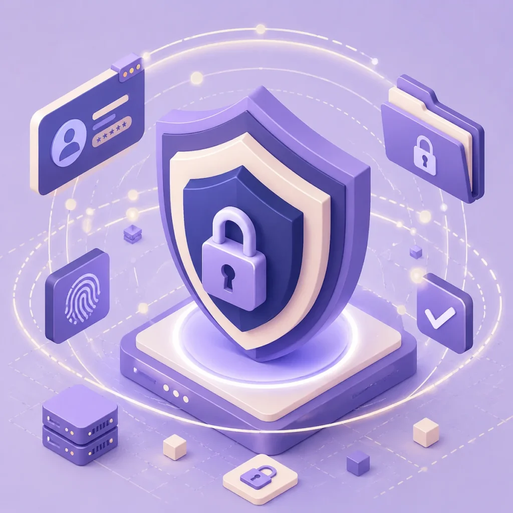 Isometric illustration of a secure lock icon with protective layers around it, representing digital and physical safety