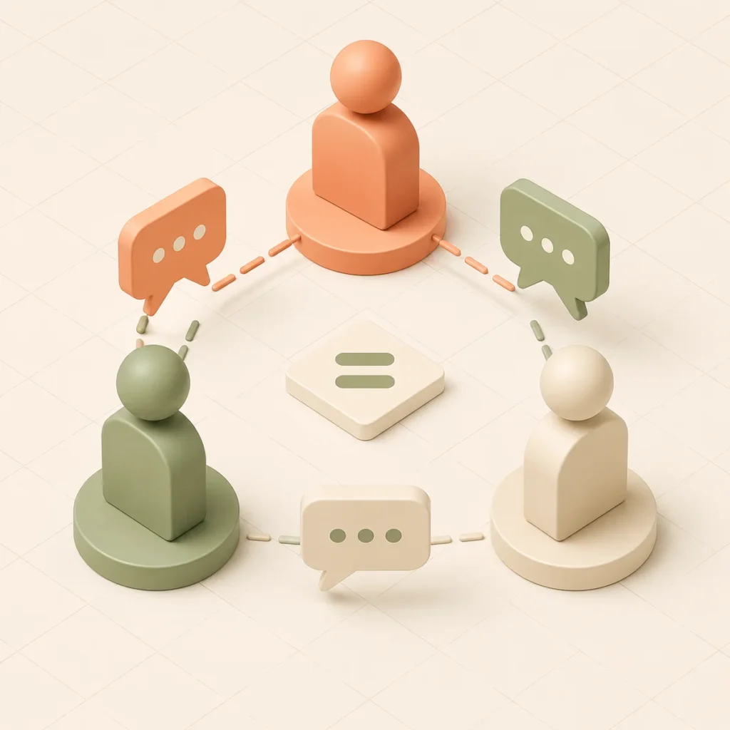 Isometric illustration of three figures in balanced arrangement with speech bubbles, representing equal communication