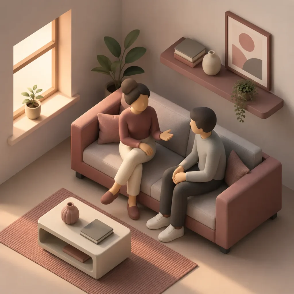 Isometric illustration of two figures sitting on a couch in conversation with soft lighting, representing partner communication