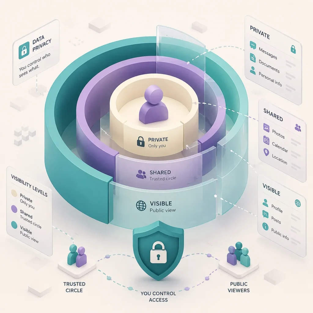 Isometric illustration of layered privacy shields with selective visibility, representing identity protection choices