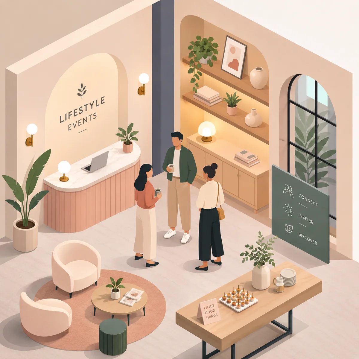 Isometric illustration of a modern lifestyle event venue with abstract figures mingling in a warm welcoming space