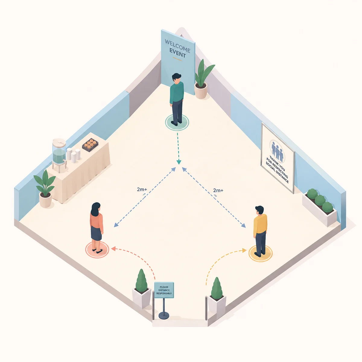 Isometric split scene showing a peaceful lounge versus a crowded chaotic space for venue comparison