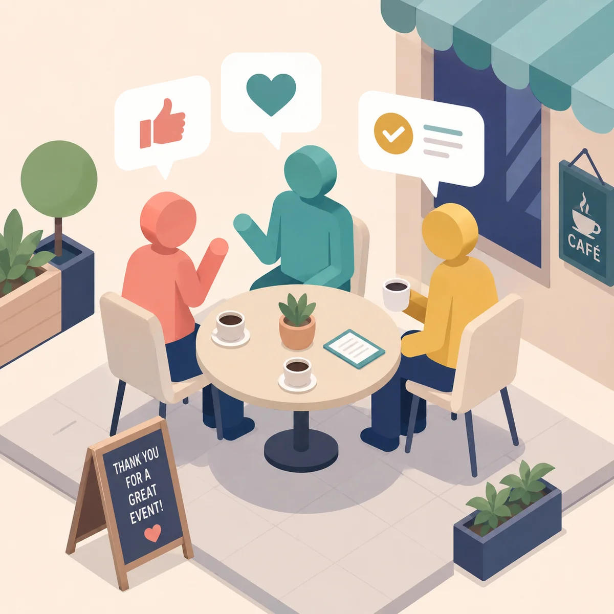 Isometric illustration of three abstract figures seated around a small round table at a cafe with positive speech bubbles