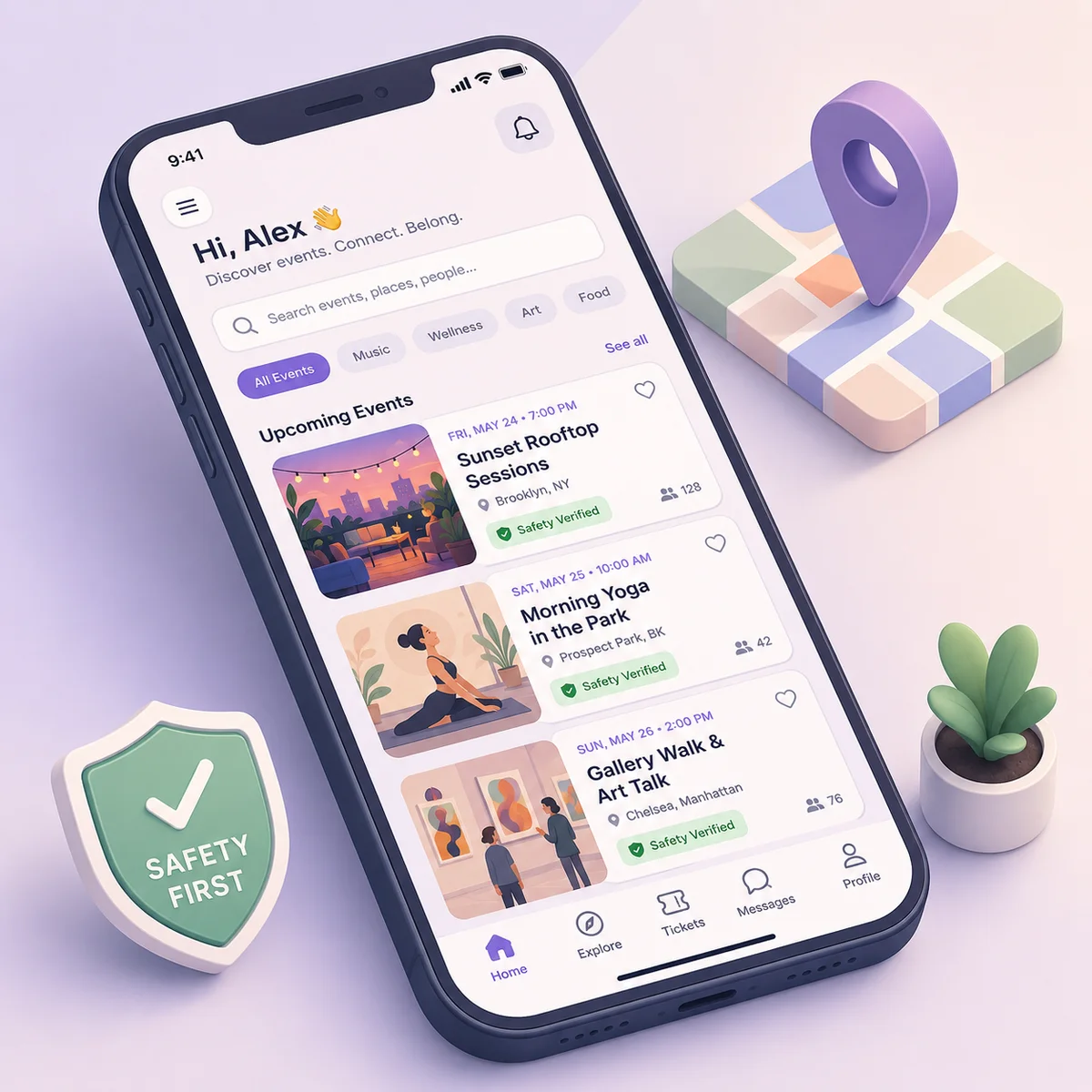Isometric illustration of a smartphone showing a lifestyle event app interface with event cards and safety badges