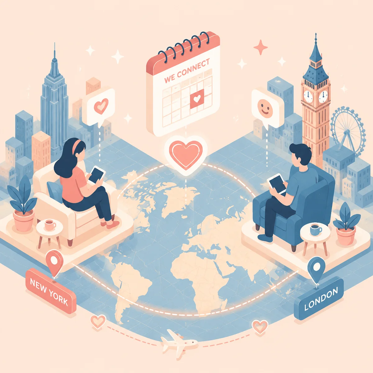 Isometric illustration of a couple on separate continents connected by glowing digital threads, with a calendar and heart symbol floating between them