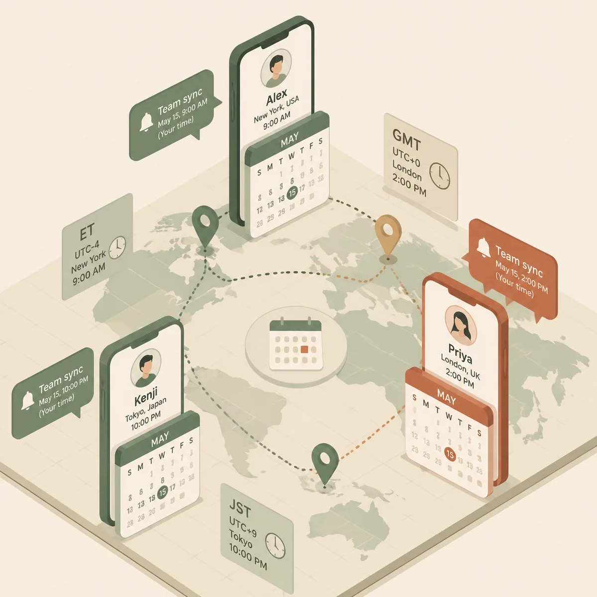 Isometric illustration showing two phones facing each other across a map with a third phone in the middle, calendar icons overlapping, time zones marked