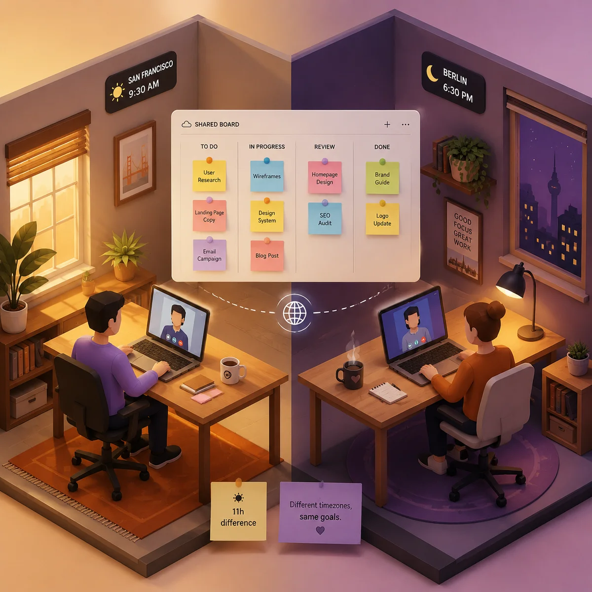 Isometric scene of two workspaces in different time zones, each with a desk, laptop showing a video call, coffee, notes pinned to a shared digital board