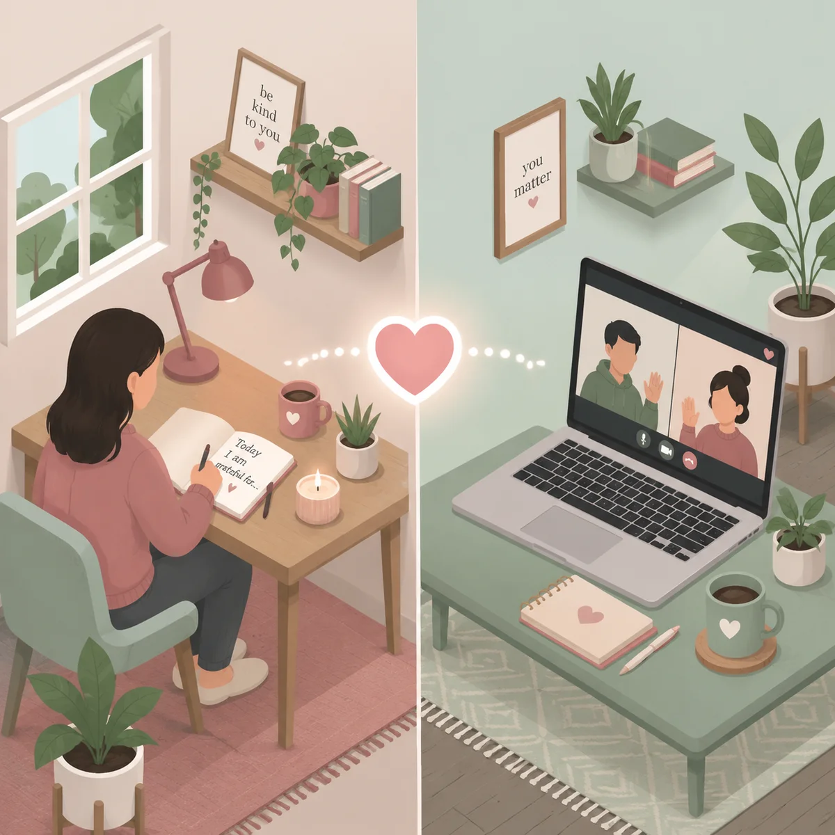 Isometric view of a split screen: one side shows a person journaling calmly, the other shows a video call with two people, a heart icon connecting both scenes