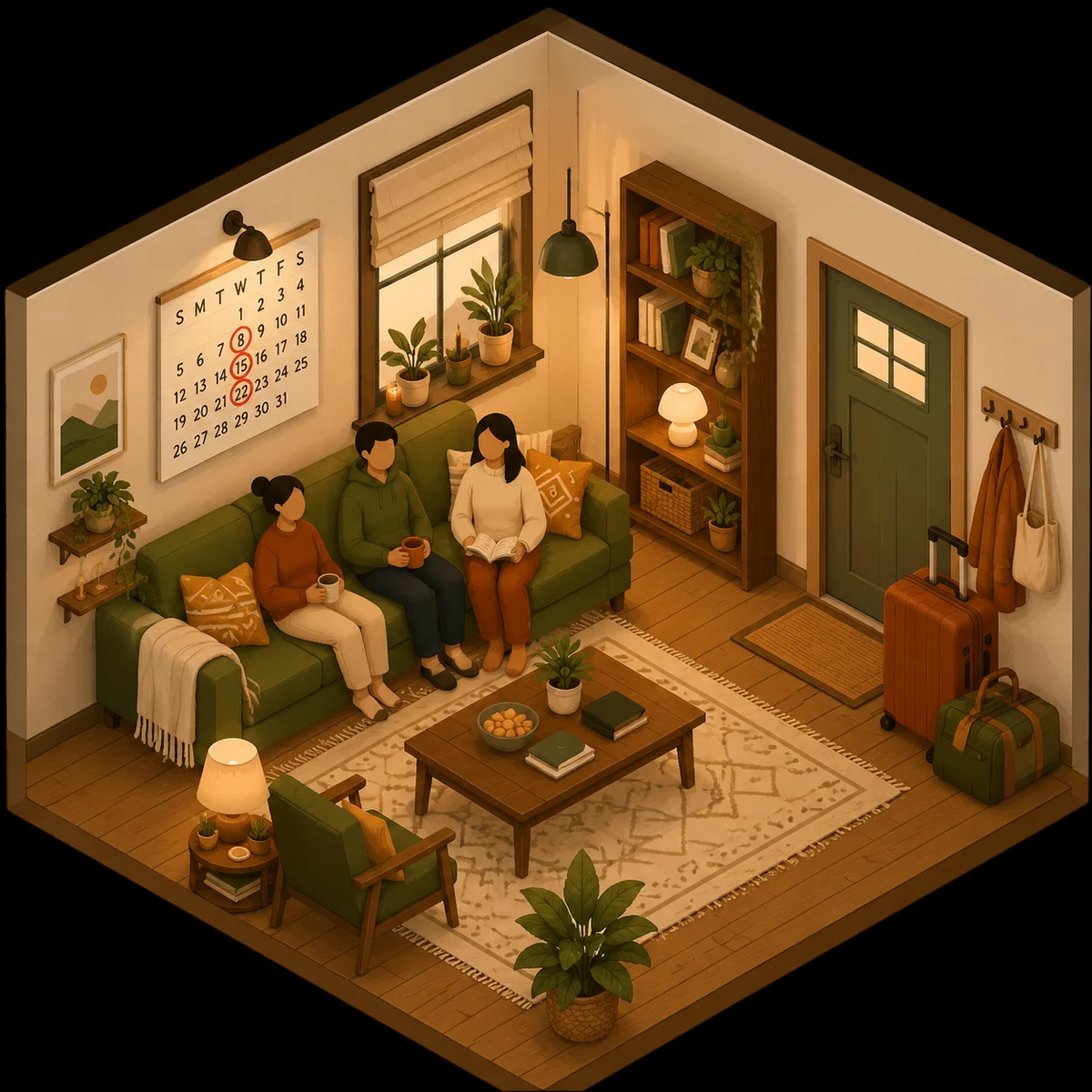 Isometric illustration of a cozy living room scene with three people on a couch, a calendar on the wall showing different dates circled, suitcases by the door