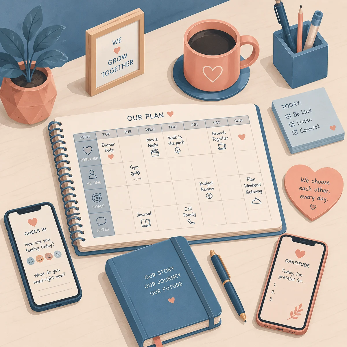 Isometric bird's-eye view of a relationship toolkit spread across a desk — shared planner, phones, journal, heart-shaped sticky note, coffee cup