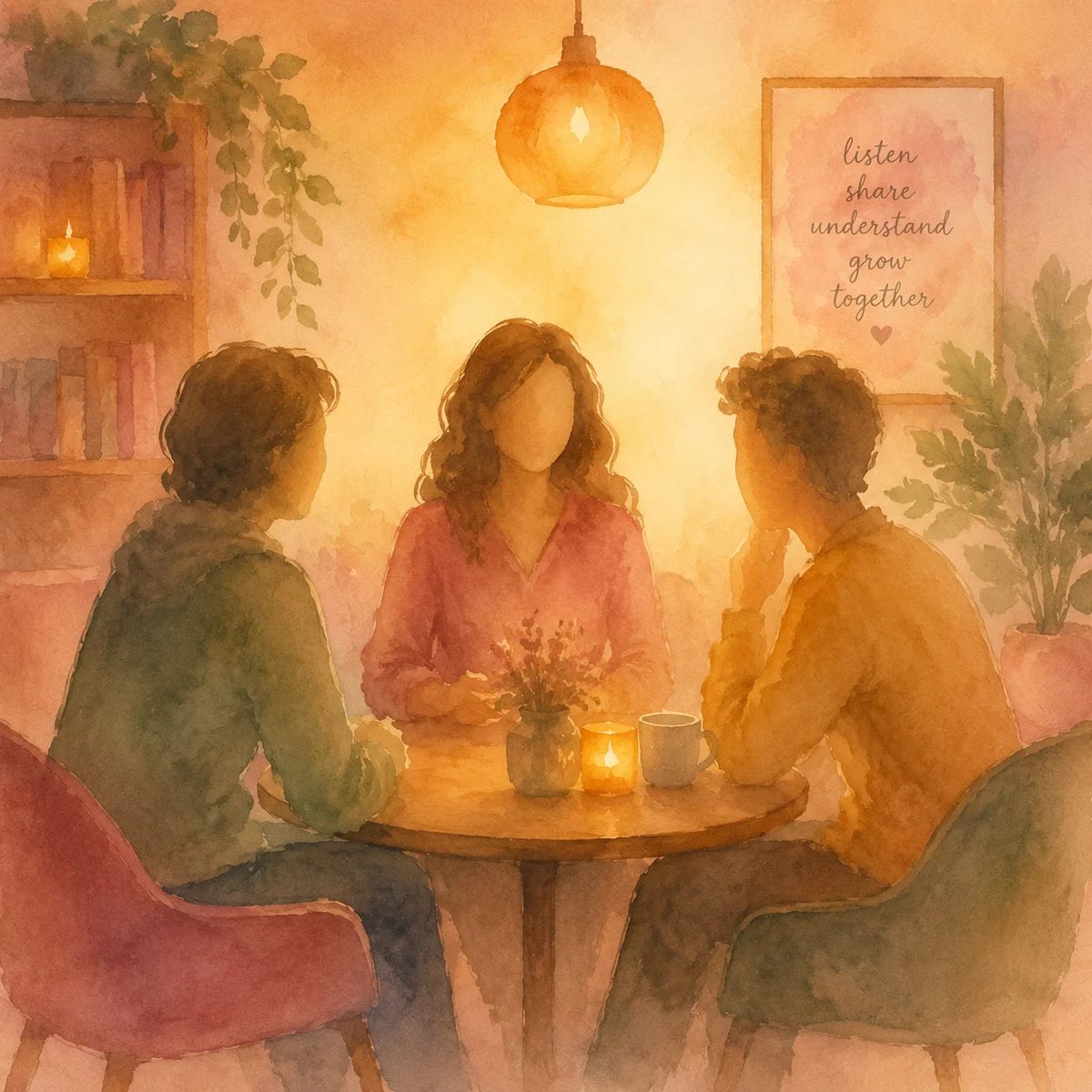 Soft watercolor illustration of three abstract figures sitting around a small table in warm ambient light