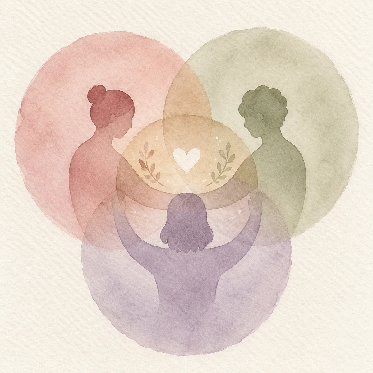 Watercolor illustration of three overlapping circles in different soft hues blending at the center