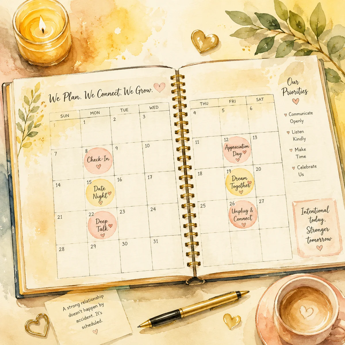 Watercolor illustration of an open planner page with gentle circular marks and a warm golden glow