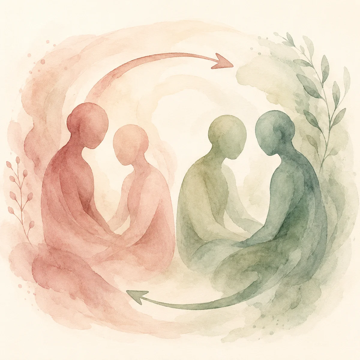 Watercolor illustration of two pairs of abstract figures in a flowing sequence suggesting rotating connections