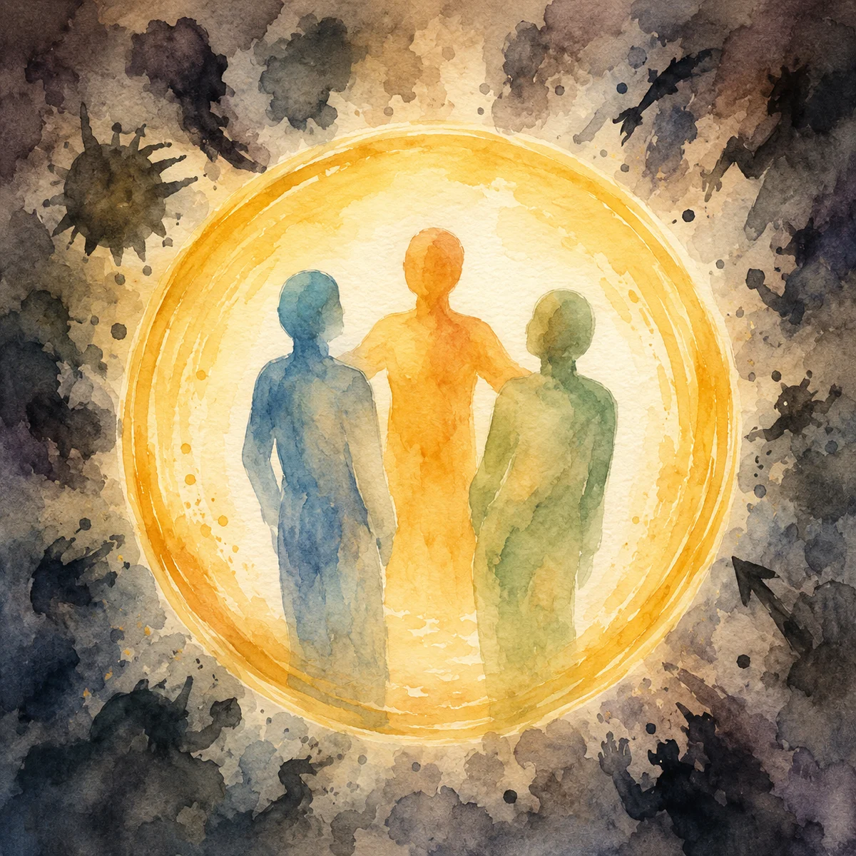 Watercolor illustration of three abstract figures surrounded by a protective luminous golden circle