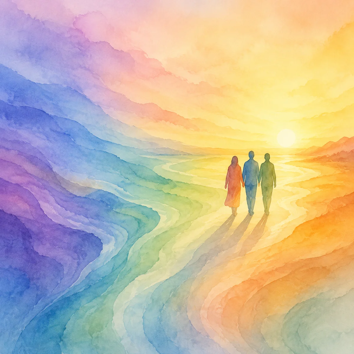 Watercolor illustration of gentle flowing waves with three small abstract figures walking toward a warm horizon