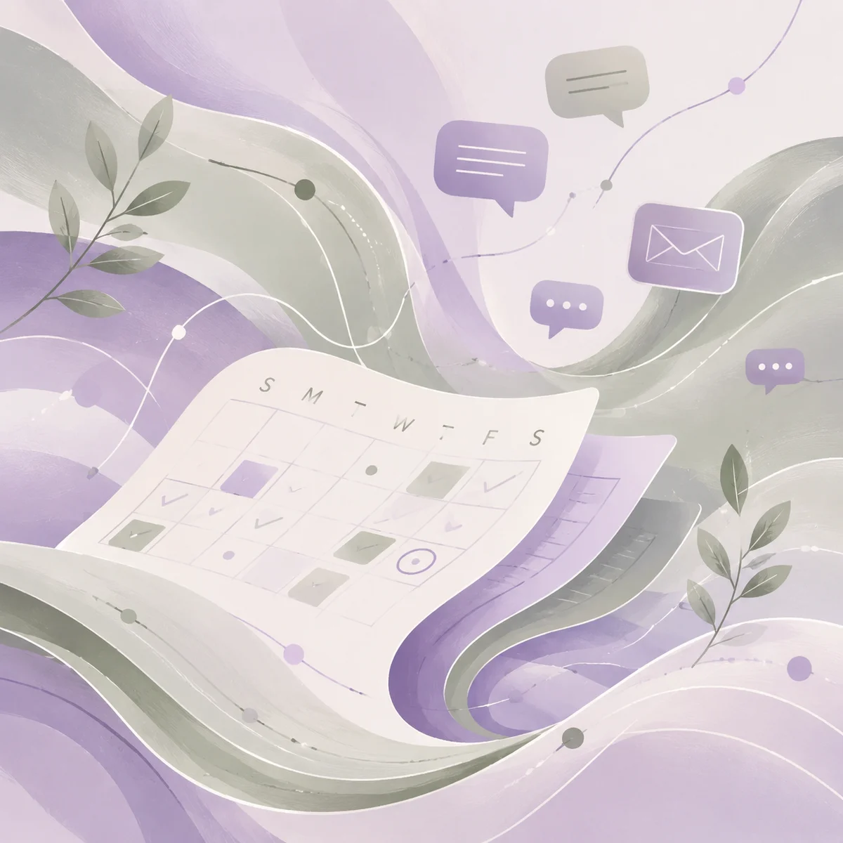 Soft abstract illustration of calendars and communication threads organized in flowing abstract shapes