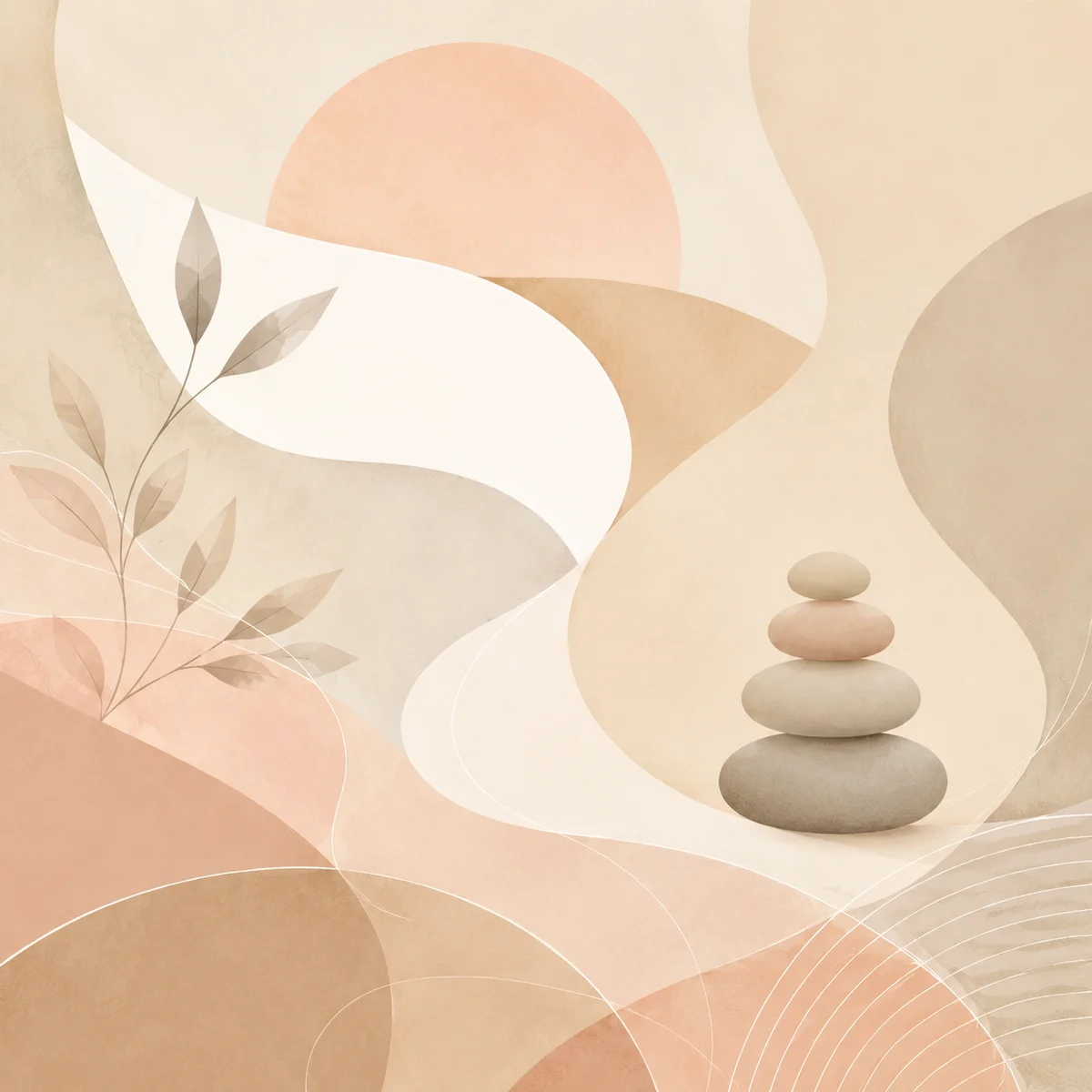 Soft abstract illustration of a calm balanced composition with flowing forms suggesting sustainable connection