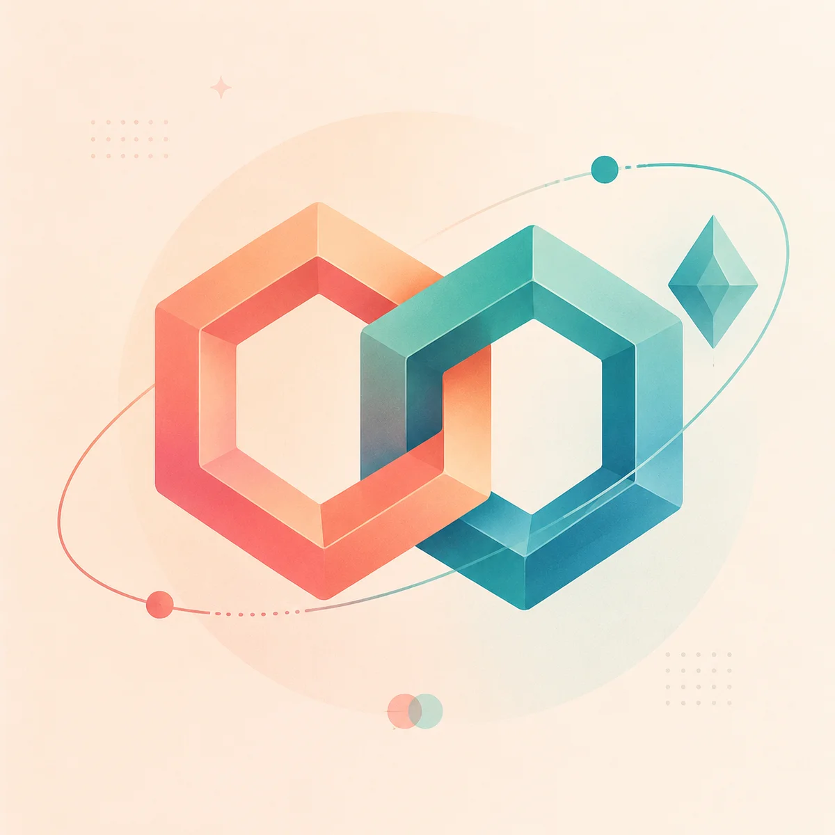Two interlocking hexagons with orbiting diamond shape in coral and teal