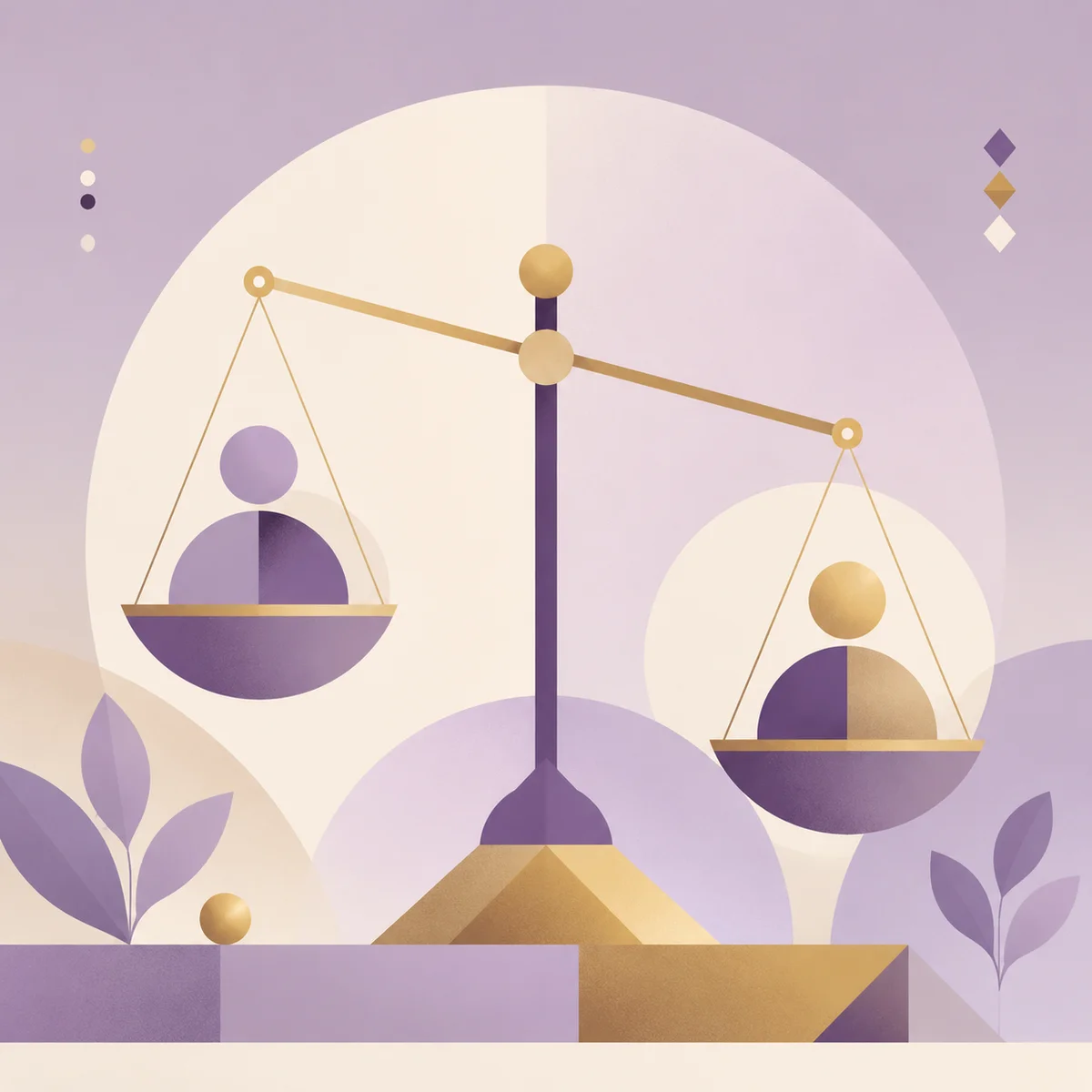 Geometric balance scale in lavender and gold, slightly tilted