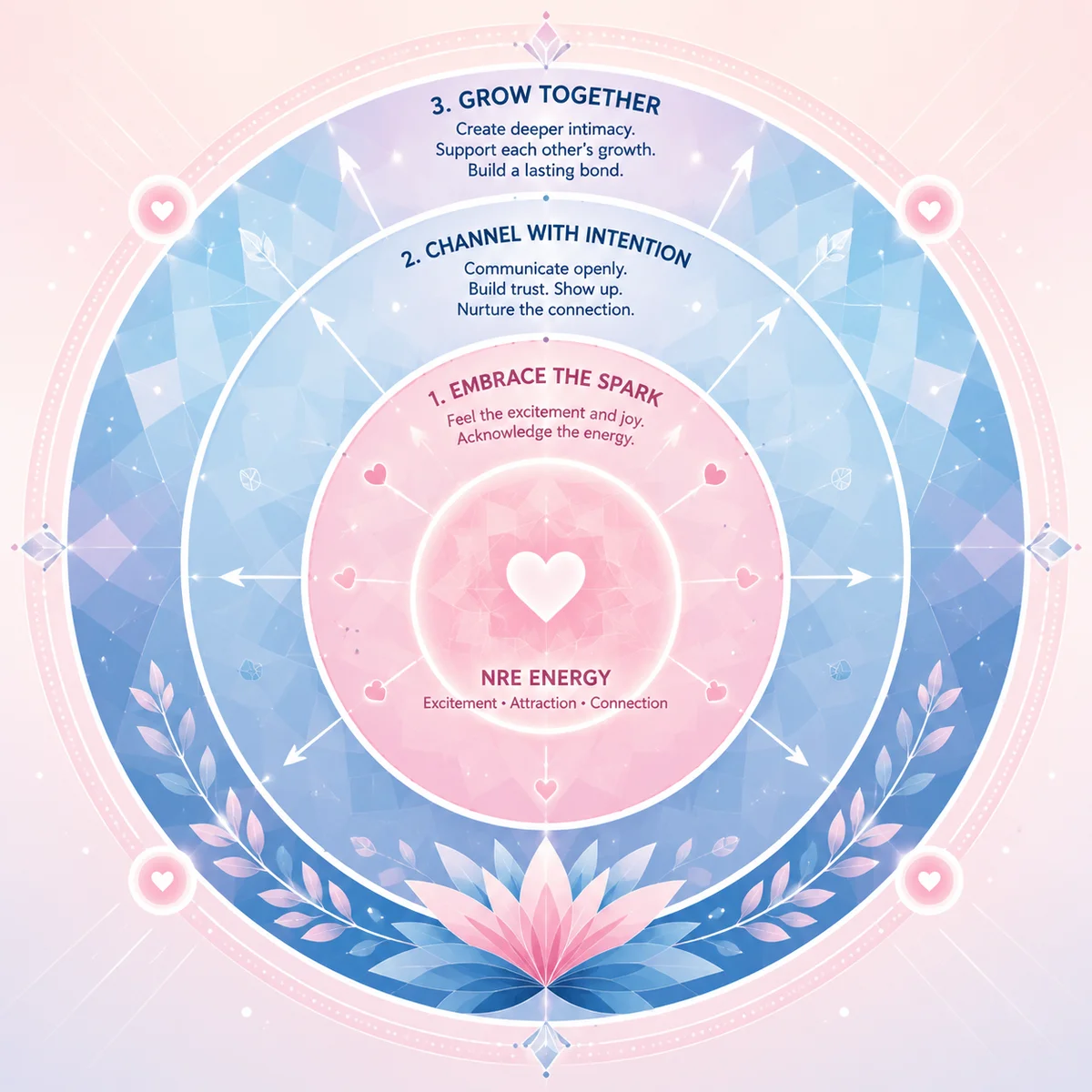 Three concentric circles with geometric patterns radiating outward in pink and blue