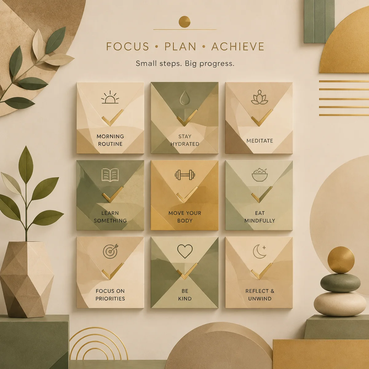 Geometric grid tiles with subtle checkmark patterns in earth tones