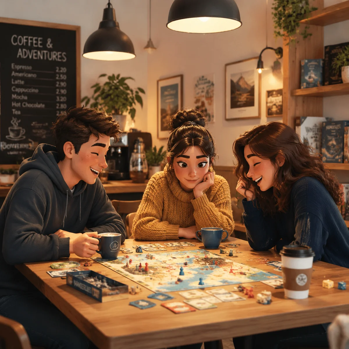 A couple and a single person playing a board game together at a cozy café, lifestyle photography with warm ambient lighting