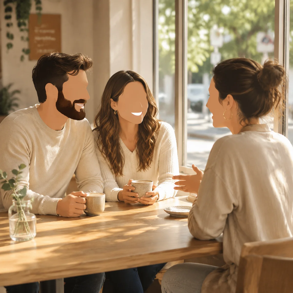 A couple and their date sitting at a bright coffee shop having a relaxed conversation, lifestyle photography style with natural window light