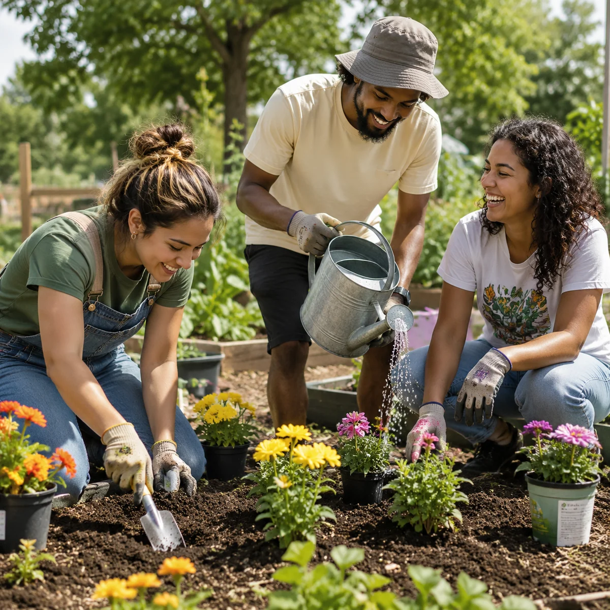 Three people volunteering together at a community garden, smiling while working side by side, lifestyle photography with natural daylight