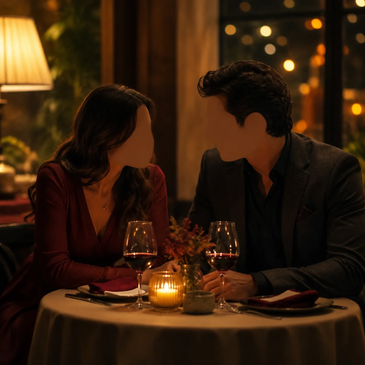 A couple on their own date night at a simple restaurant, reconnecting as a primary unit, lifestyle photography with warm evening light