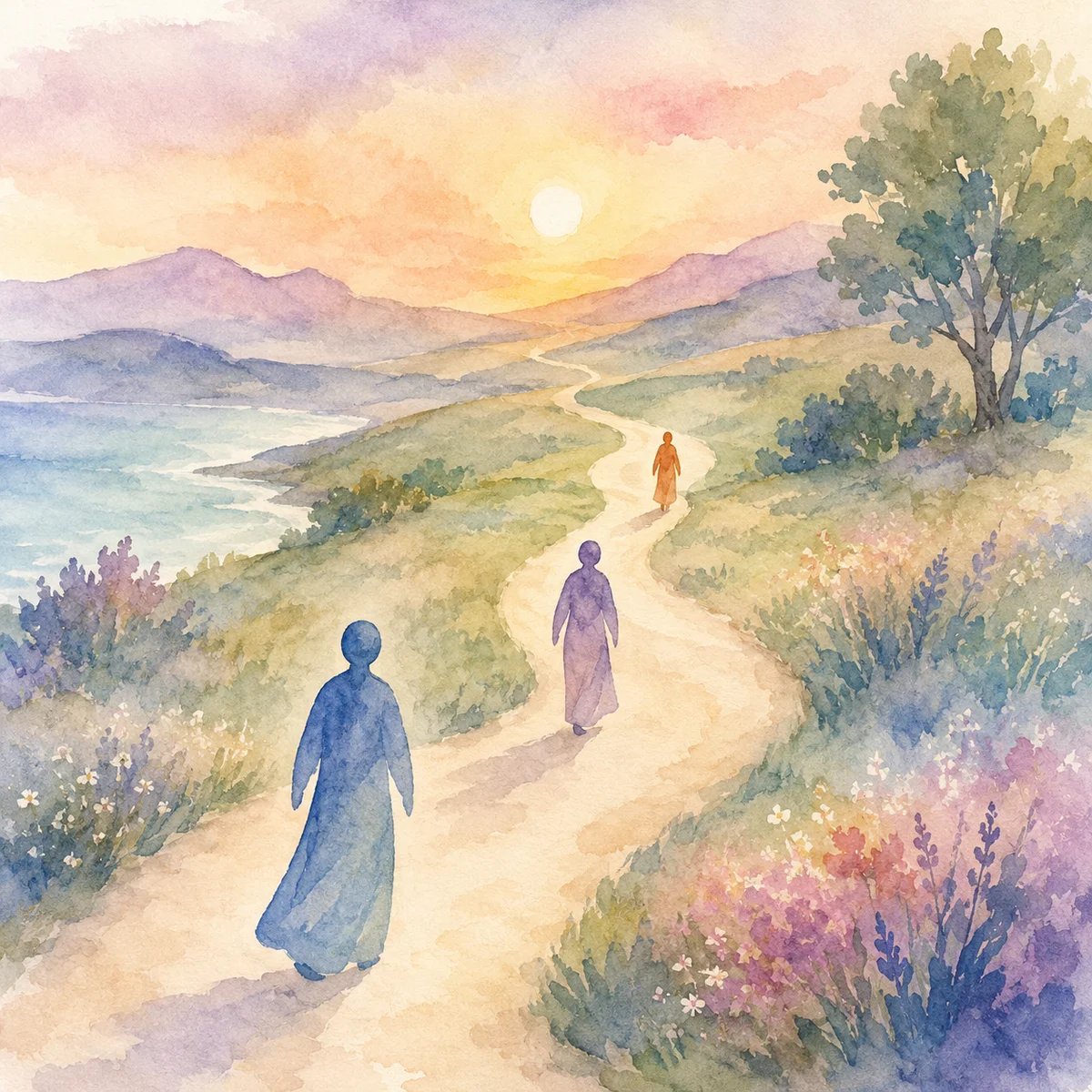Watercolor illustration of three abstract figures walking at different paces on a winding path