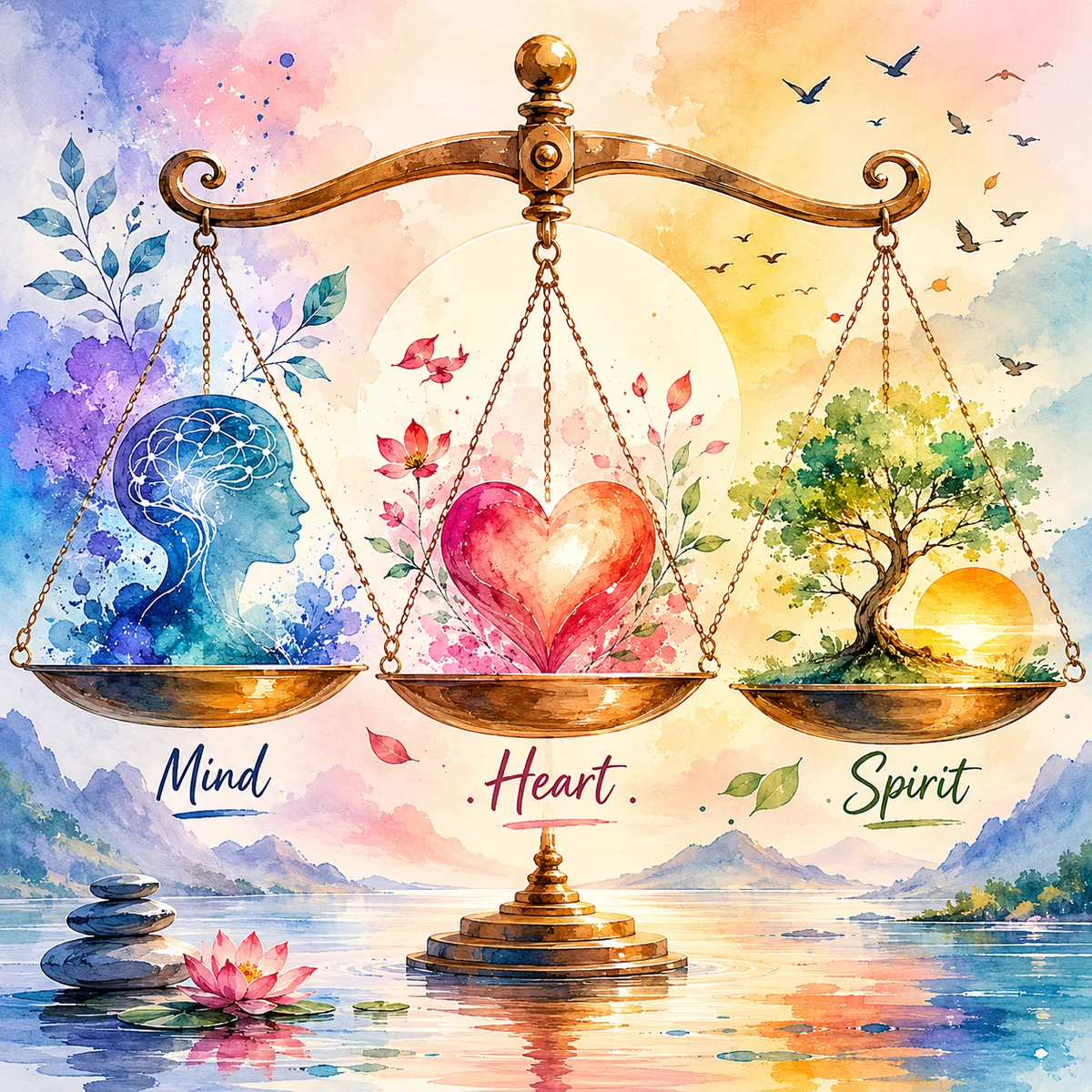 Soft watercolor illustration of a balanced scale with calm flowing colors