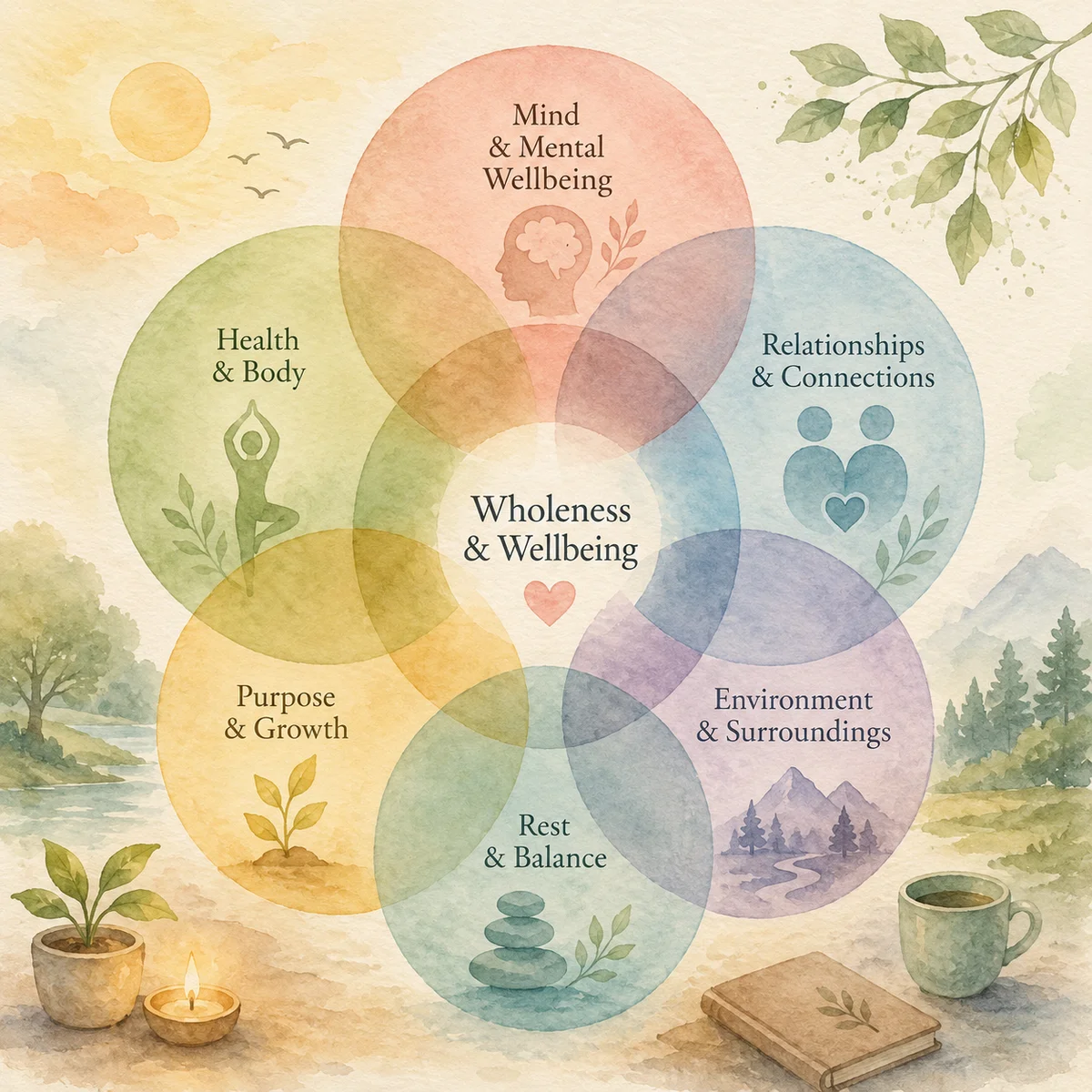 Watercolor illustration of interconnected circles representing life factors overlapping with gentle colors