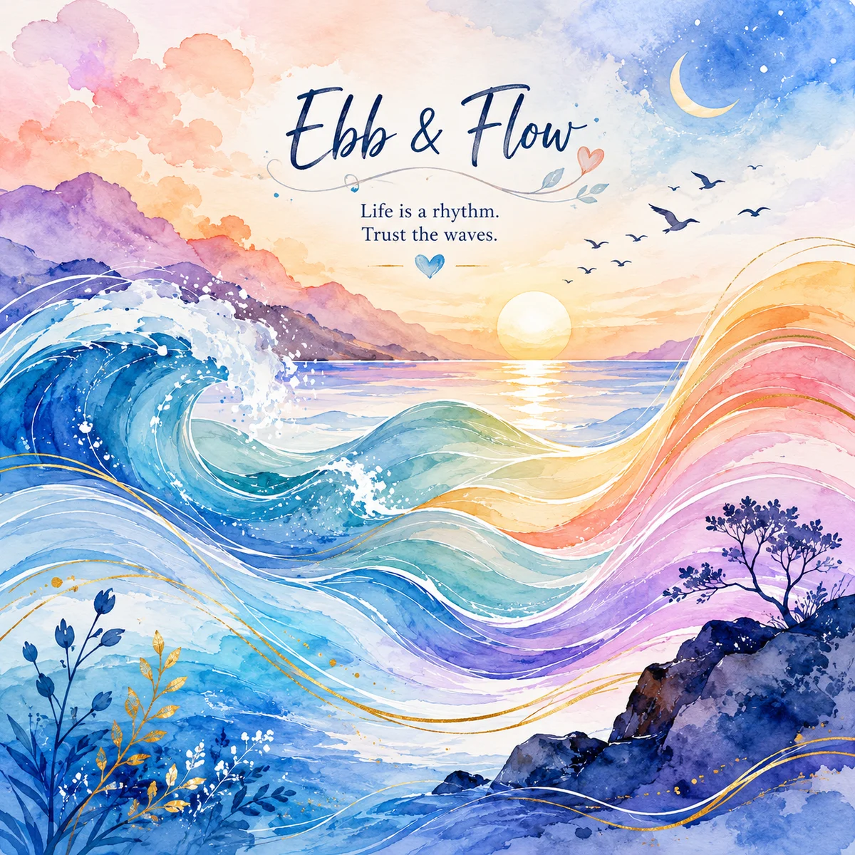 Watercolor illustration of a gentle wave rhythm pattern with soft flowing lines