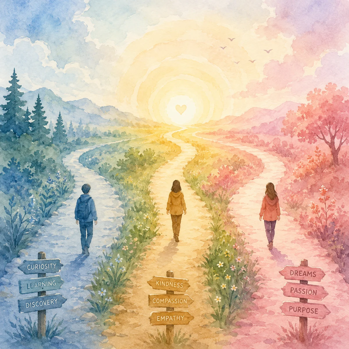 Watercolor illustration of three flowing paths converging at different points with gentle warm colors
