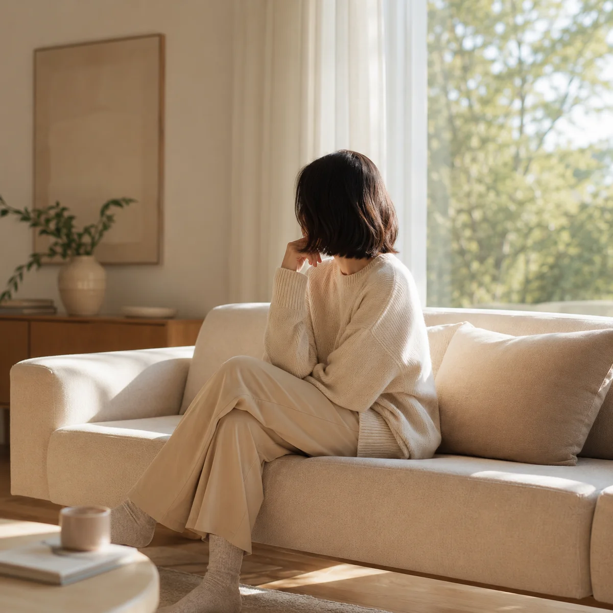 A person sitting thoughtfully on a couch, soft natural light, editorial photography with muted tones and subtle text overlay