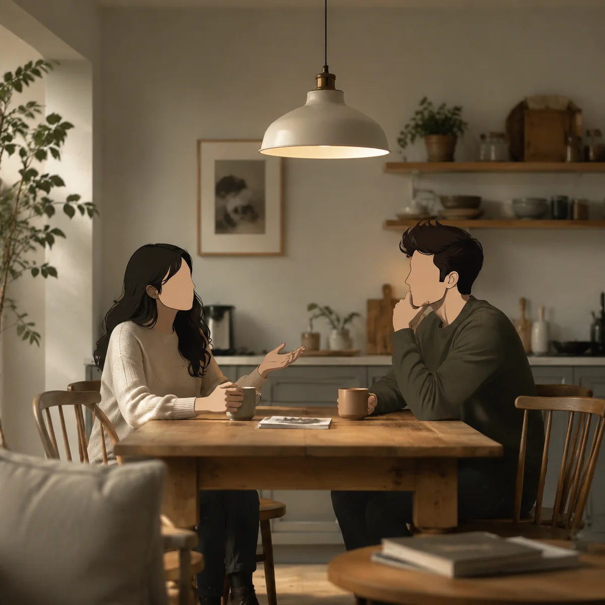 Two people sitting across from each other at a kitchen table having a serious conversation, warm editorial lighting with soft shadows and text overlay