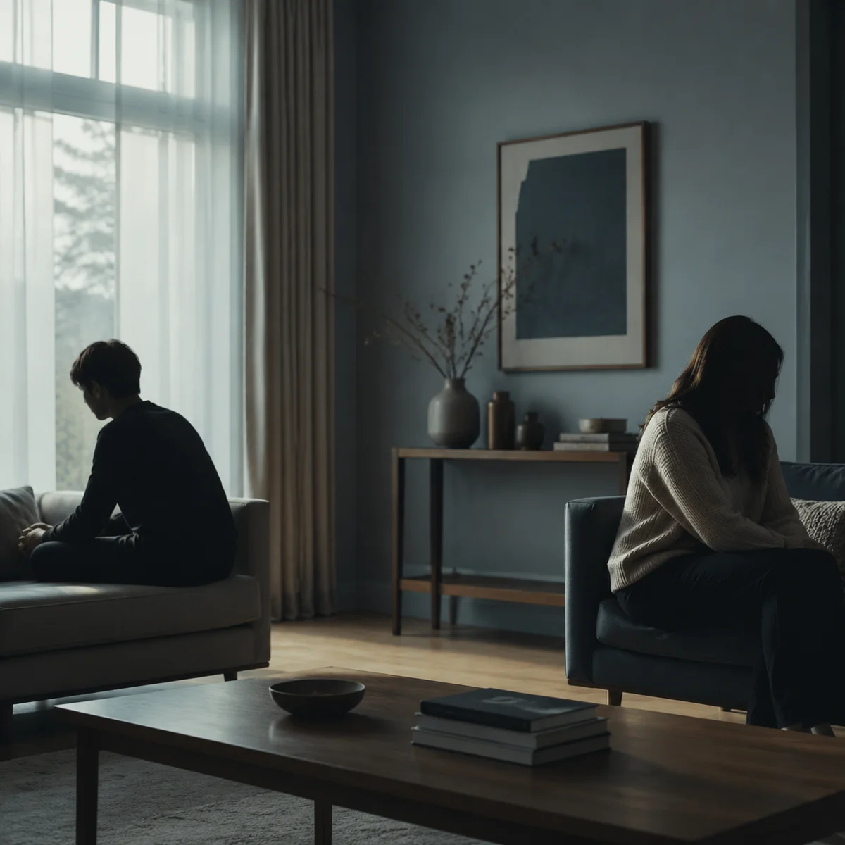 Editorial photograph of a couple sitting on separate sides of a room with visible emotional distance, muted colors, text overlay style